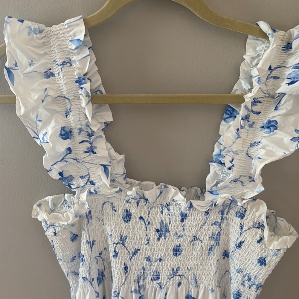 Hill House Ellie Style White Midi Dress with Blue Floral Print - Picture 5 of 7